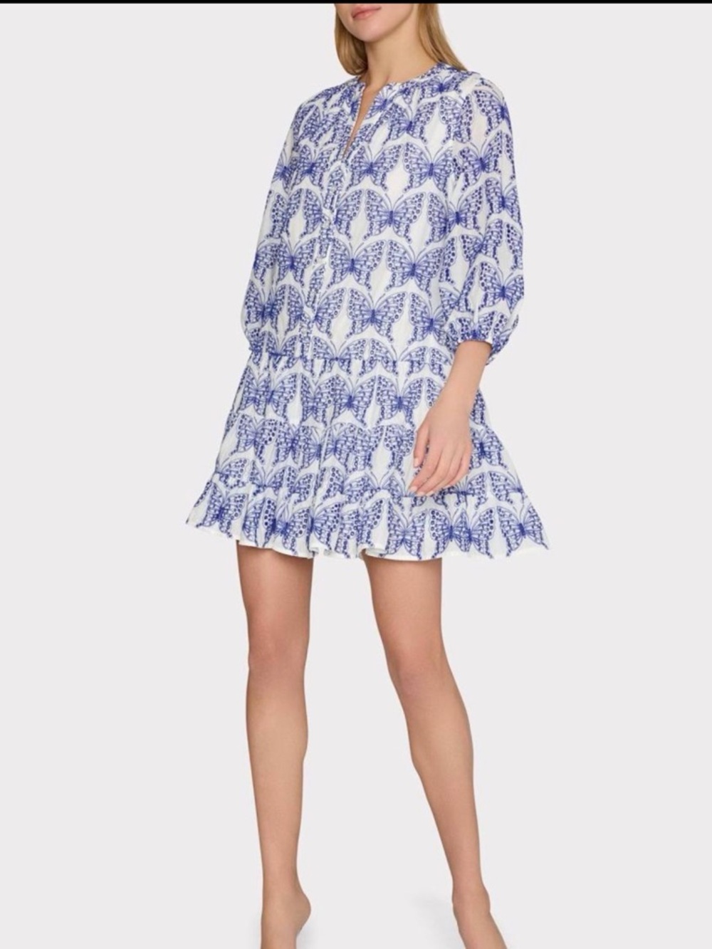 Milly White & Blue Printed Short Tiered Dress